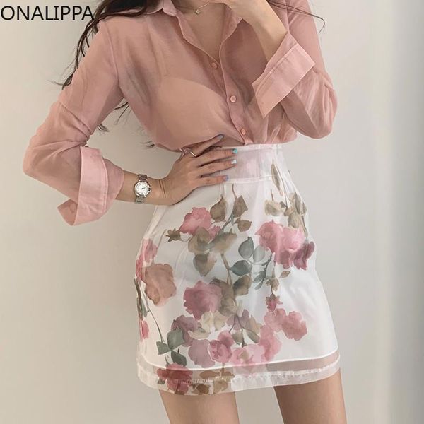 

dress onalippa elegant solid color lapel sheer long sleeve shirt lady thin blouse high waist a line floral short skirt sold separately, White
