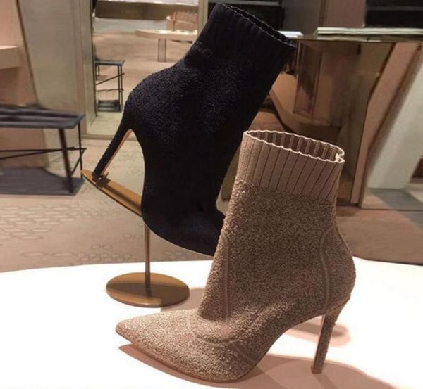 

womens pointed toes ankle hlaf boots high heel 68cm woolen socklike booties ladies high fashion knit boots heel size 3440 b8761656, Black