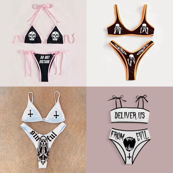 

women's swimwear punk gothic letters print bikinis set bikini 2023 women skull pattern vneck fashion swimsuit bathing suit 230420, White;black