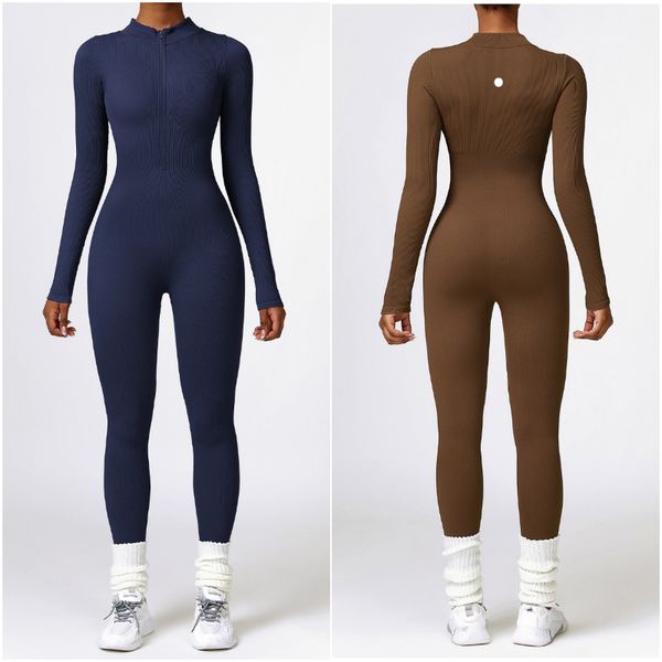 

LL-6953 Womens Jumpsuits Yoga Outfits Long Sleeve Close-fitting Dance Jumpsuit Long Pants Breathable Leggings Screw Thread Material, Coffee