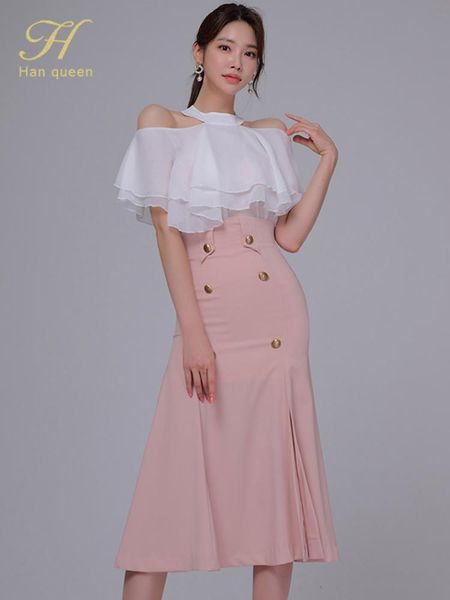 

pants h han queen new 2 pieces set women summer off the shoulder blouses and high waist sheath mermaid skirts office lady skirt suit, White