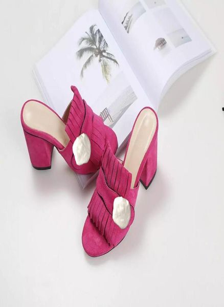 

classic woman sandals lady summer designer sandals metal buckle leather high heeled shoes coarse heel half slippers large siz6910250, Black