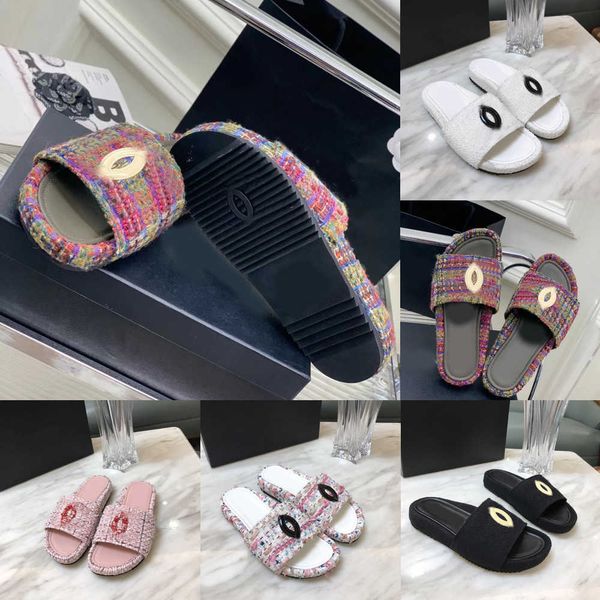 

women tweed leather straw woven slides sandals slip on wedge flats c fashion beach slippers mule paris flip flops casual slides shoes platfo, Black