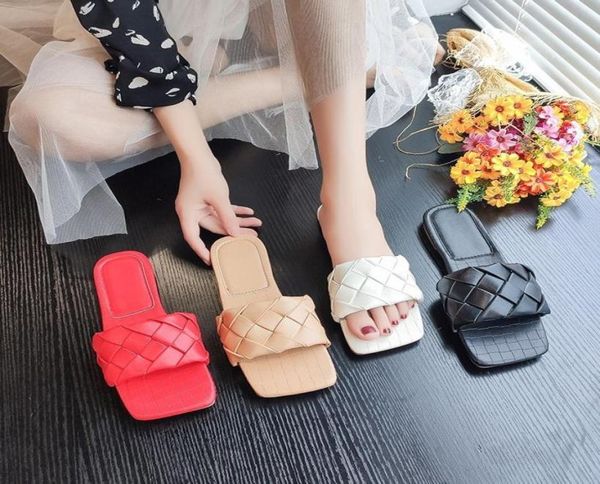 

red leather weaving beach slippers women summer casual open toe flat heel sandals woman comfortable outdoor slides mujer 2020 x1023412535, Black
