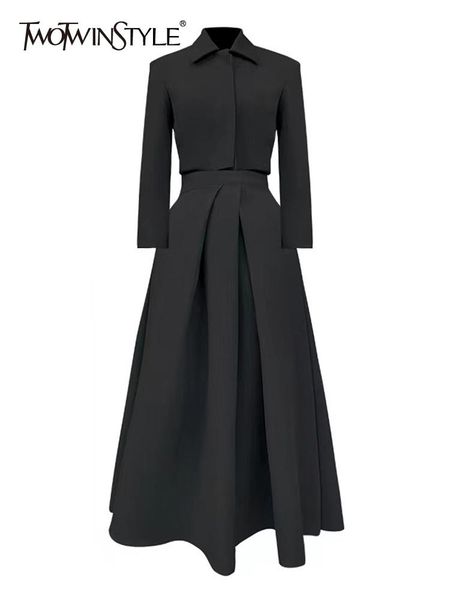 

dress twotwinstyle slim two piece set womens lapel long sleeve high waist a line ruched midi skirts female solid sets female 2022, White