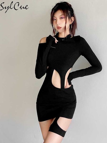 

casual dresses sylcue nightclub cutout glamorous beautiful to highlight the slim fit versatile black simple women's dress twopiece j230, Black;gray