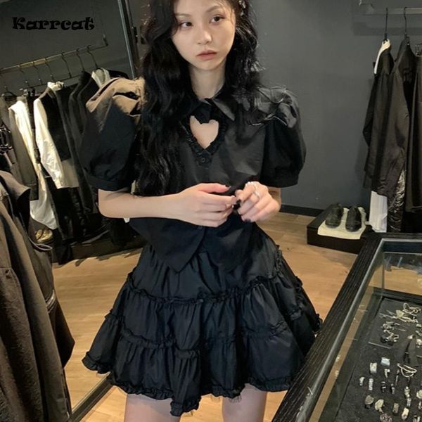 

dress karrcat gothic two piece sets grunge dark aesthetic hollow out shirt + ball gown mini skirt suits set emo goth 2 piece set punk, White