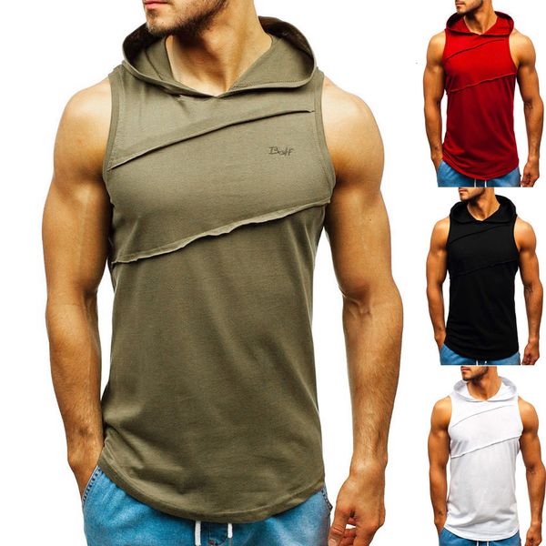 

mens tank muscular mens hooded pleated stitching vest comfort jacket patchwork sleeveless contrast color hoodie 230419, White;black