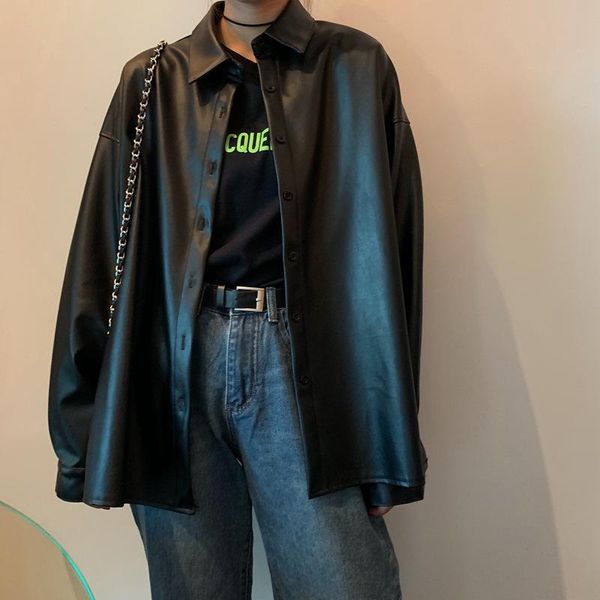 

jackets new chic women oversized pu leather blouses 2022 spring autumn black faux leather basic coat turndown collar motor biker jacket, Black;brown