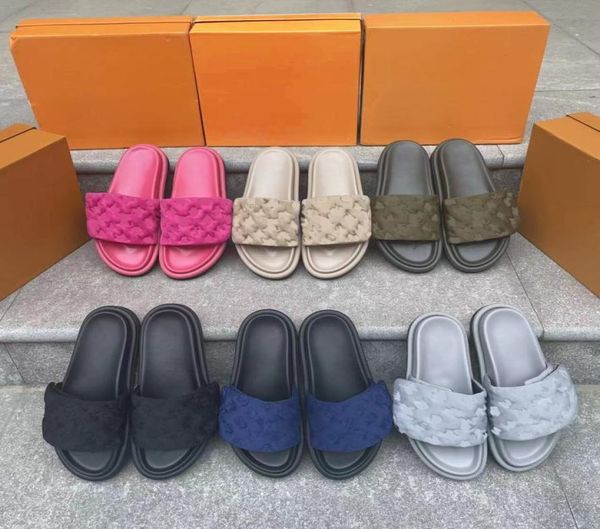 

pool pillow comfort designer slippers sandals luxury calfskin slides flat mules summer beach slipper with box size 35463559351, Black
