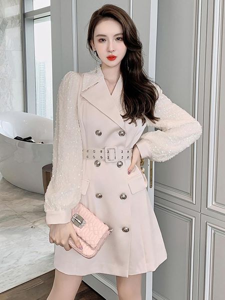 

pants 2022 fashion women jacket ol professional acetate glitter shine sequins long sleeve pocket double breasted belt coat blazers, White
