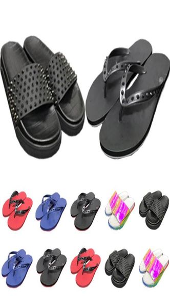 

designer slippers men rivets shoes flat slides scuffs slipper mens luxury leather flip flops pool fun paris summer beach sandals g9006393, Black