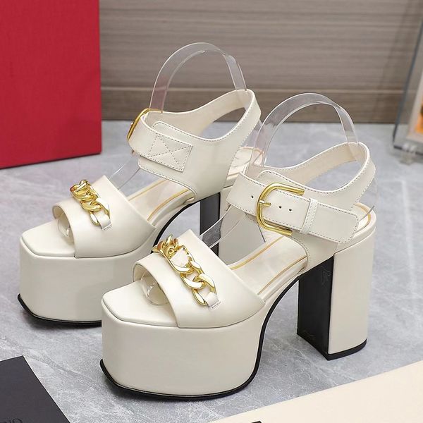 

thick soled high heeled sandals designer fashion women platform dress ankle strap buckle genuine leather metal chain decoration summer 12.5c, Black