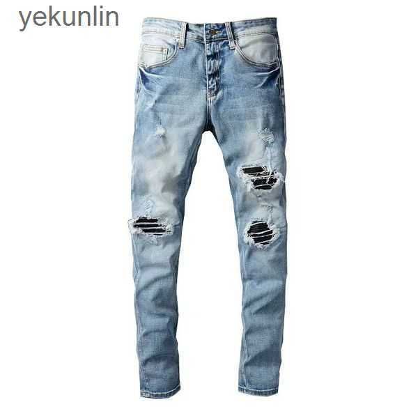 

designer stack jeans european purple jean men embroidery quilting ripped for trend brand vintage pant mens fold slim skinny fashion jeans ss, Blue