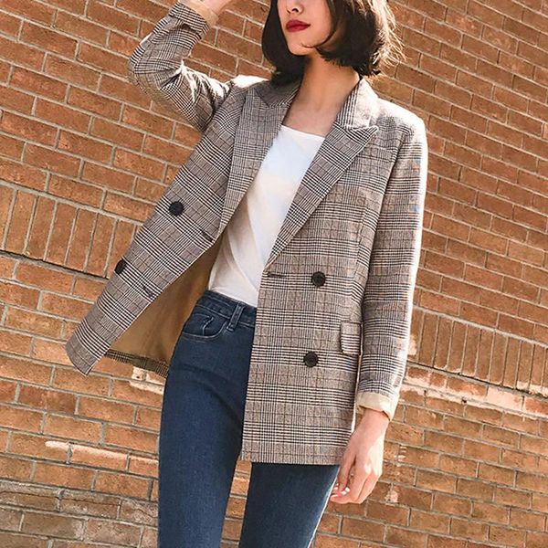

pants vintage bouble breasted plaid women blazer spring pockets jackets female retro suits coat work outerwear s4xl, White
