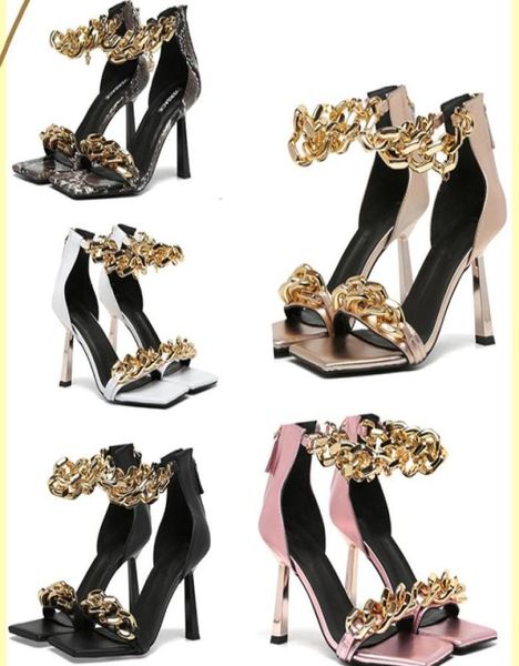

2021 luxury leather metal chain thin high heeled sandals gladiator women039s fashion party slippers heel 95cm large 35423641500, Black