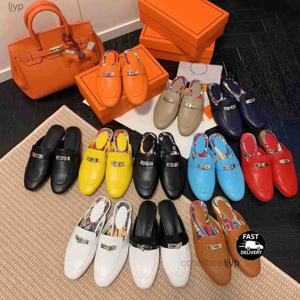 

multi colors womens slippers oz calfskin slip on mules leather kelly lock slides slippers low heel flat loafer backless sandals beach shoes, Black