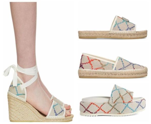 

jackdhstore 2022 womens white colorful platform slippers espadrille shoes 55mm canvas covered platform sandals wedges with box and6232018, Black