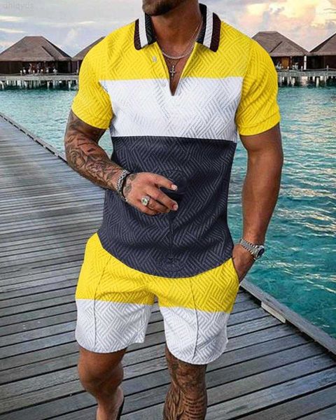 

polo men's tracksuits summer tracksuit men shirt set short sleeve zipper oversized casual shorts streetwear fashion breathable business, Gray