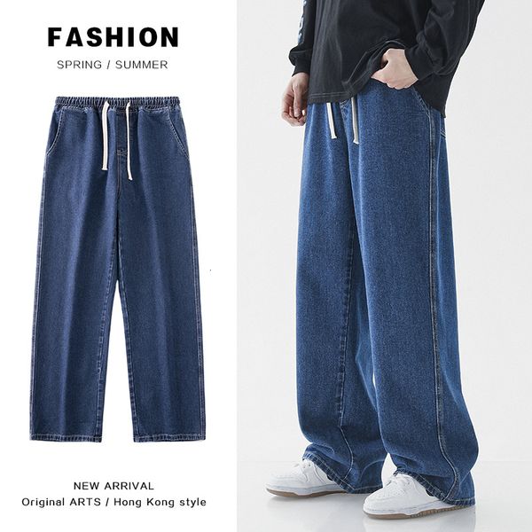 

mens jeans oversized wide leg spring summer trend ins straight loose elastic waist casual streetwear baggy trousers male 230420, Blue