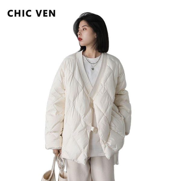 

parkas chic ven winter women down jacket 90 white duck down inclined placket loose light diamond warm coat female outwear office lady, Black