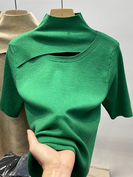 

women's t shirt knitting t hollow out solid casual tee femme half sleeve turtleneck slim thin summer fashion female 230419, White