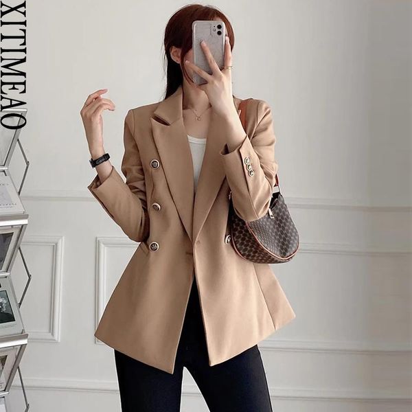 

pants xitimeao women fashion double breasted office wear blazer coat vintage long sleeve welt pockets female outerwear chic veste, White