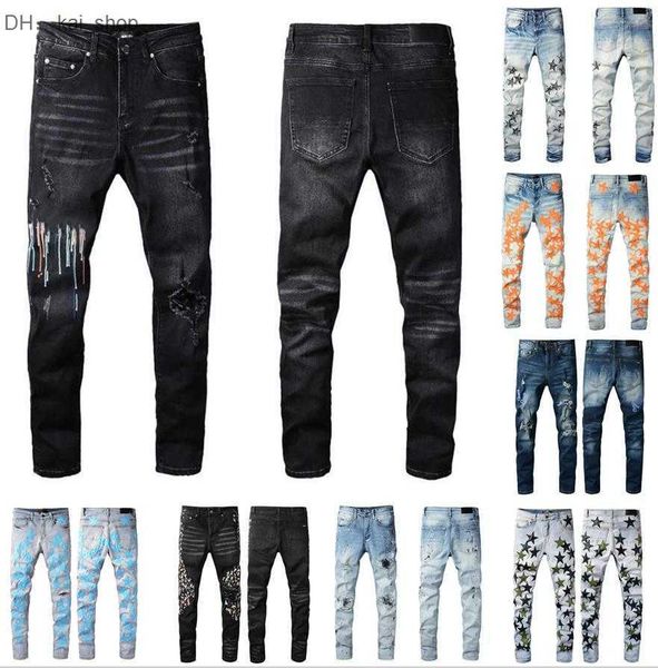 

men's jeans de primavera para hombres bordado mezclilla pantalones moda hip hop cremallera angustiados1, Blue