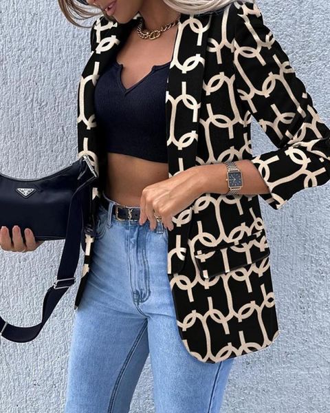 

pants 2022 new long sleeve fashion print suit jacket women casual temperament versatile style, White