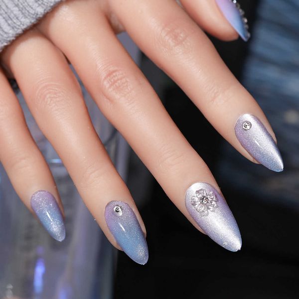 

false nails cnhids 24pcs modern cat eye sparkling gradient purple fake nail almond full cover artificial false nail art press on nail tips j, Red;gold