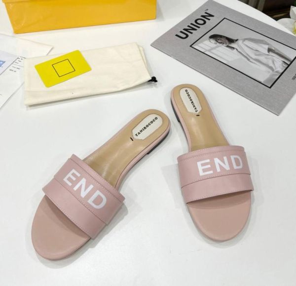 

f letter printed slippers slide pink calfskin leather summer sandals shoes slipon flats sandal women luxury designers6947083, Black
