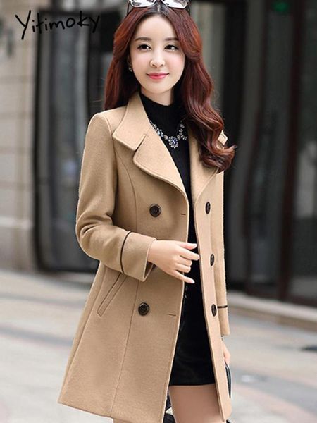 

fur yitimoky women wool blend double breasted warm long coat autumn winter female slim fit lapel woolen overcoat cashmere outerwear, Black