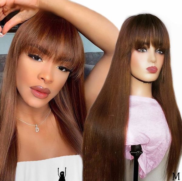 

brown straight hair wig with bangs chocolate color brazilian glueless human hair machine made straight wigs for women density180, Black;brown