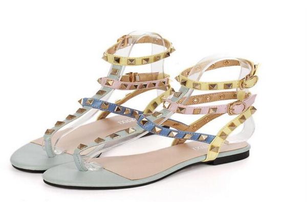 

size 3445 rainbow color gladiator sandals women designer brand rivets flip flops t strapsandals ankle belt roman shoes6340938, Black