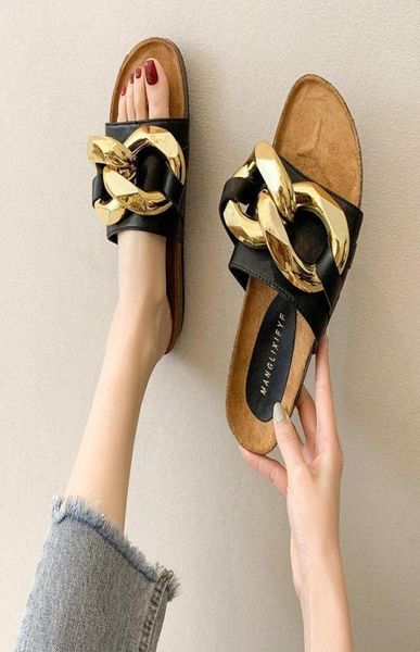

slippers 2021 women slipper fashion big gold chain sandals shoes woman round toe slip on mules flat heel casual slides flip flops1161652, Black