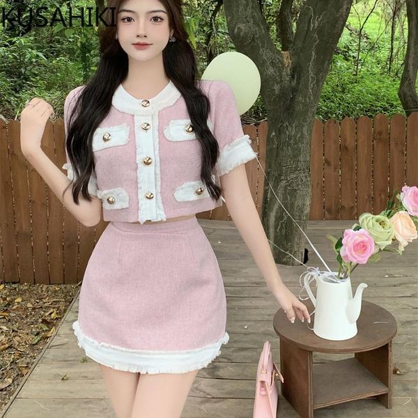 

dress kusahiki fashion hit color two pieces women sets short sleeve oneck crop + high waist mini skirt korean 2022 new outfits, White