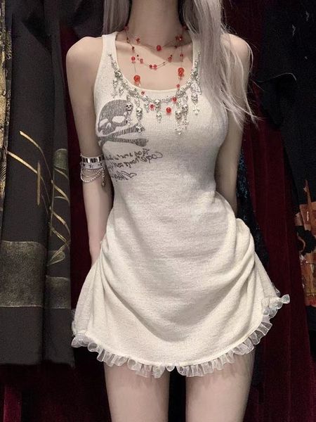 

casual dresses aobiu knit y2k aesthetic rock skull print sleeveless tank mini dress women summer punk see through thin female vestidos mujer, Black;gray