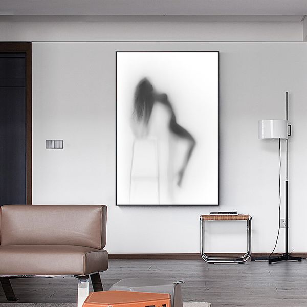 

nordic style silhouette of a dancing nude woman behind curtain canvas posters and prints wall art picture for living room