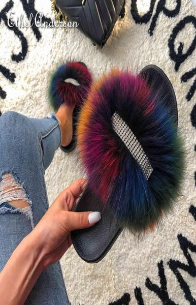 

ethel anderson real fur fluffy slippers for women039s shoes woman crystal decoration famous brand shoes designer slides q05082806357, Black