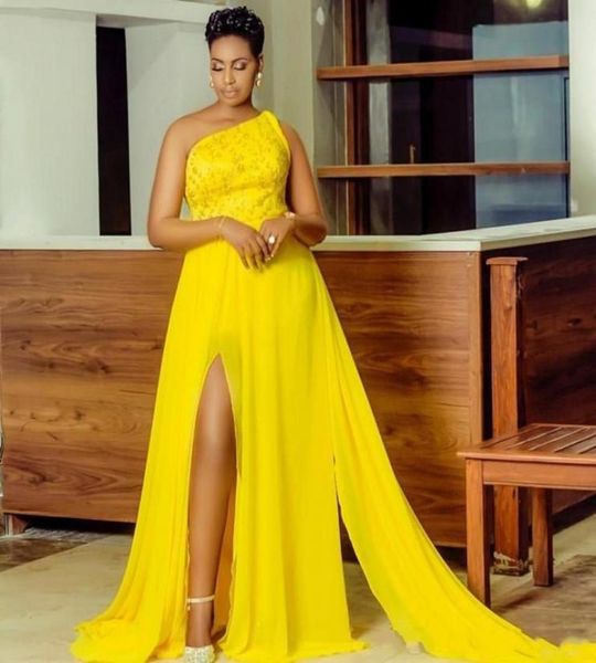 

african yellow prom dresses long one shoulder aline high split mermaid evening gowns with appliques chiffon beads formal party dr5756450, Black