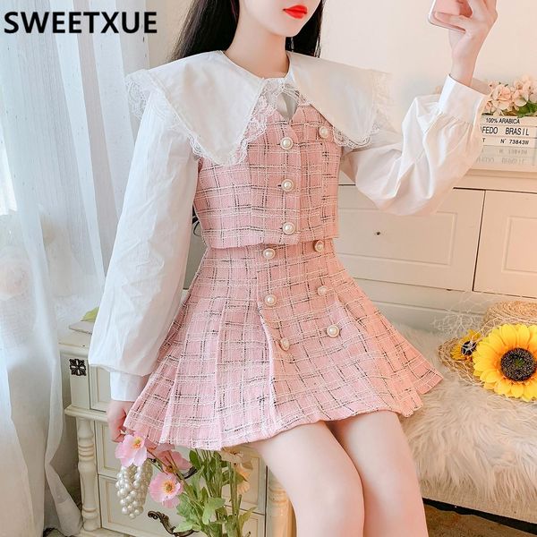 

dress korean sweet three piece set women peter pan collar white shirt + plaid vest + pleated skirt tweed suits kawaii 3 piece outfits
