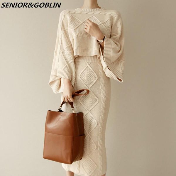 

dress 2022 autumn winter women knitted 2 piece set batwing sleeve loose +slim bodycon skirt female sweater suits, White