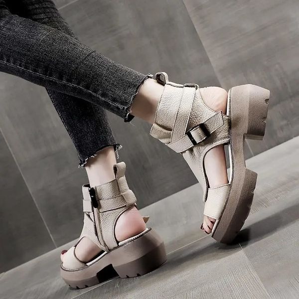 

sandals summer shoes women sandals retro genuine leather women wedges platform sandals peep toe high heel sandals black 230419