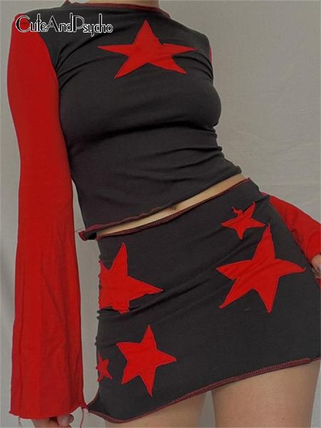 

dress cuteandpsycho flare sleeve crop star tshirts and y2k mini skirts sets harajuku cute women's outfits aesthetic summer chic cloth, White