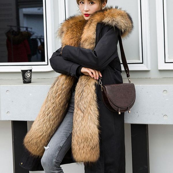 

fur detachable hooded parka jacket women luxury long natural raccoon fur collar muskrats fur lining coat, Black