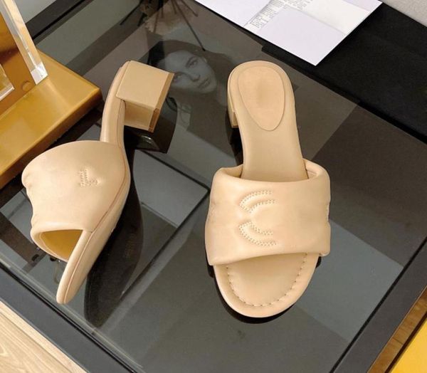 

designer chunky heels woman slippers round head lambskin slides genuine leather flip flops flat retro heel ladies mules sandals cl4419065, Black