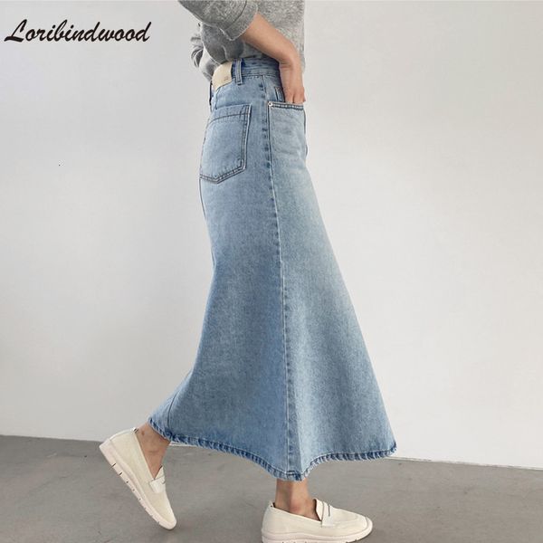 

skirts loribindwood chic spring summer stretched women denim midlength 2023 casual high waist loose female mermaid jeans 230420, Black