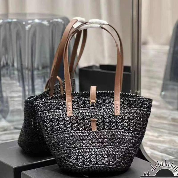 

straw handbag tote shopping bag women shoulder bags leather handle golden letter summer beach handbags purse 40cm