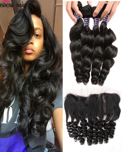 

ishow whole brazilian loose wave 4bundles with 134 lace frontal closure virgin human hair bundles with closuren3121439, Black