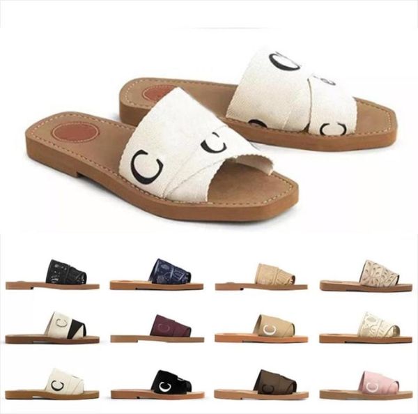 

2023 designer woody sandals for women mules flat slides light tan beige white black pink lace lettering fabric canvas slippers wom7385298